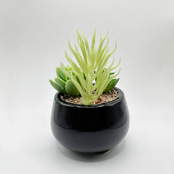 Black Ceramic Pot With Artificial Plant And Pebbles Home Decor