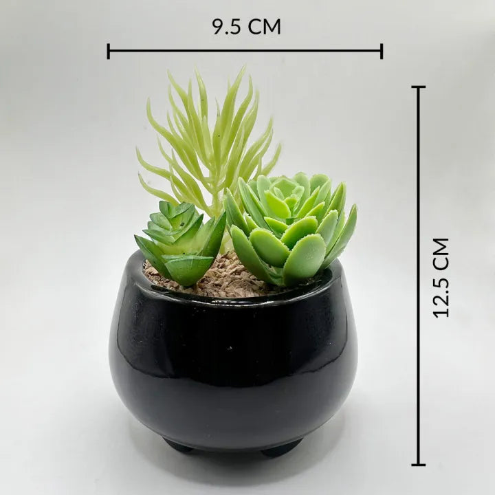 Black Ceramic Pot With Artificial Plant And Pebbles Home Decor