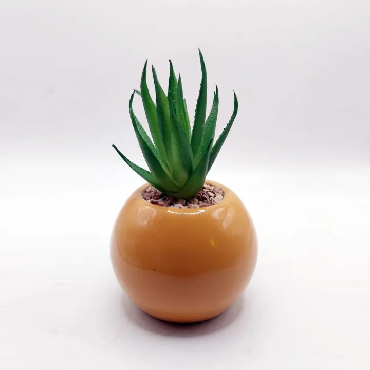 Minimalistic Mustard Sphere Ceramic Pot Set of 2 With Artificial Cactus For Table Decor