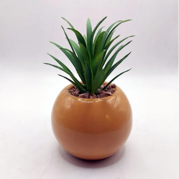Minimalistic Mustard Sphere Ceramic Pot Set of 2 With Artificial Cactus For Table Decor