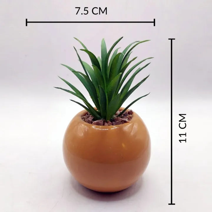 Minimalistic Mustard Sphere Ceramic Pot Set of 2 With Artificial Cactus For Table Decor