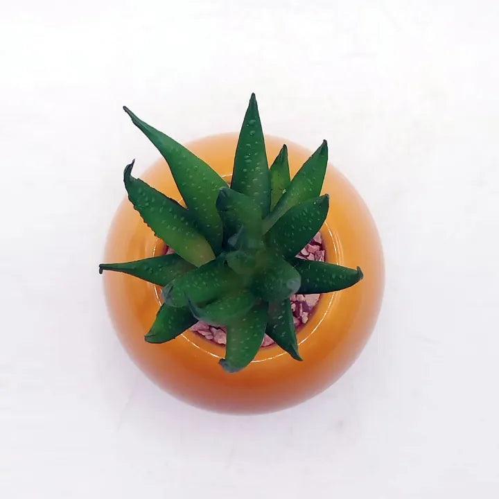 Minimalistic Mustard Sphere Ceramic Pot Set of 2 With Artificial Cactus For Table Decor