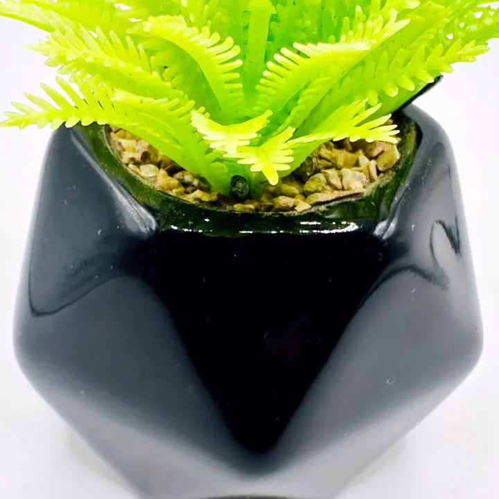 3D Black Diamond Ceramic Pot Set of 2 With Artificial Plant Shrubs For Table Decor