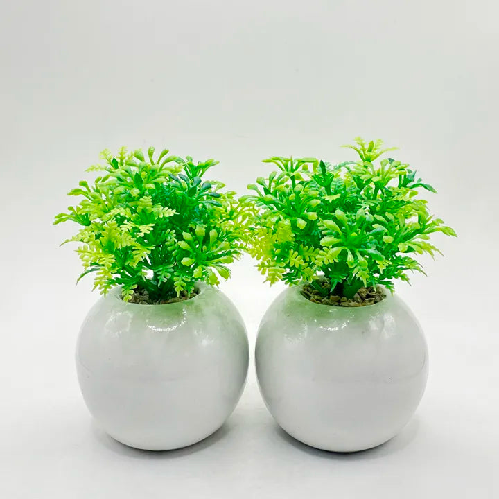 Minimalistic Esthetic Sphere Ceramic Pot Set of 2 With Artificial Plant For Table Decor