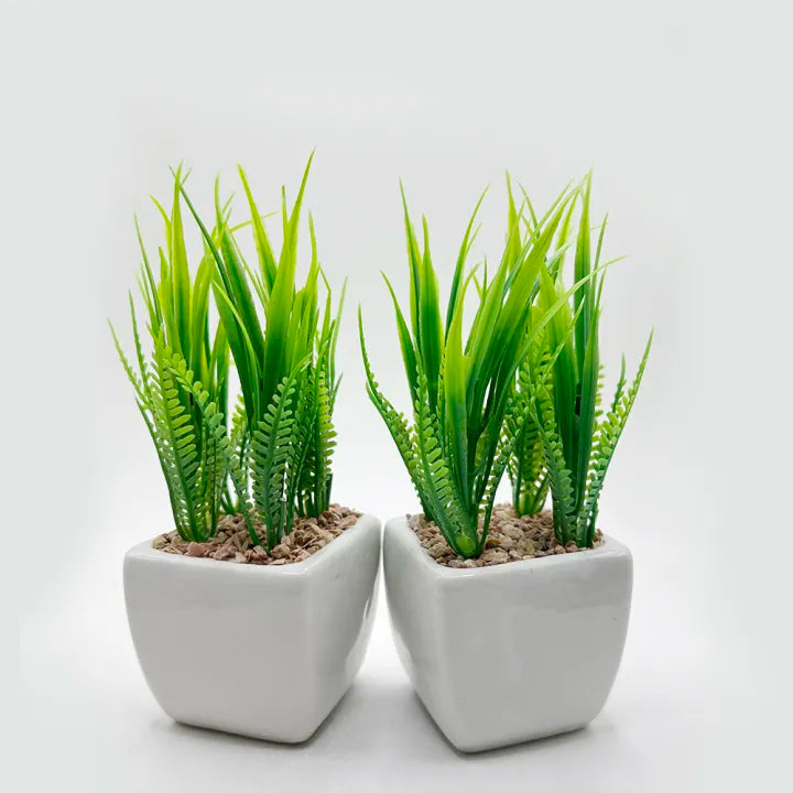Bucket Style Ceramic Pot Set of 2 With Artificial Plant For Table Decor