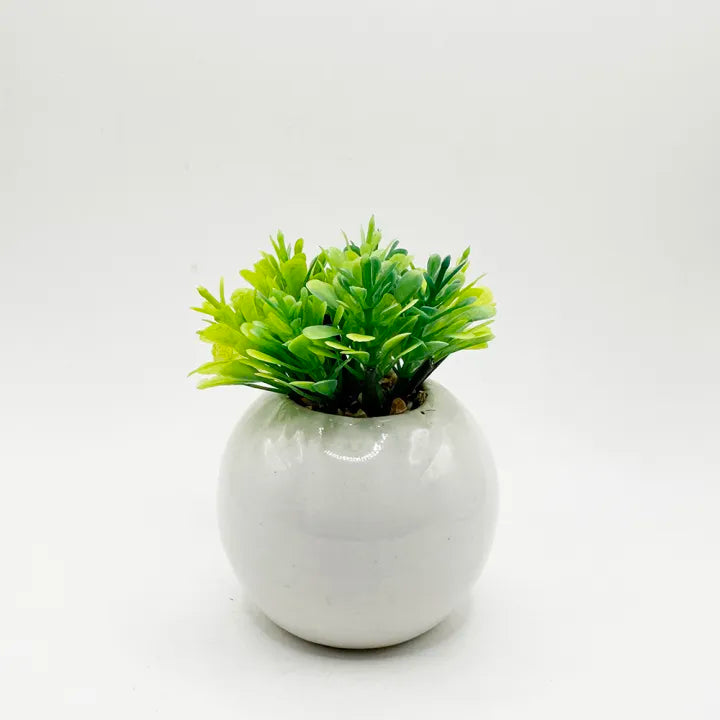 Minimalistic Esthetic Sphere Ceramic Pot Set of 2 With Artificial Plant For Table Decor