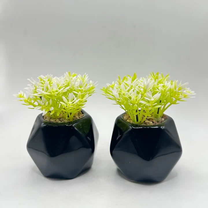 3D Black Diamond Ceramic Pot Set of 2 With Artificial Plant Shrubs For Table Decor