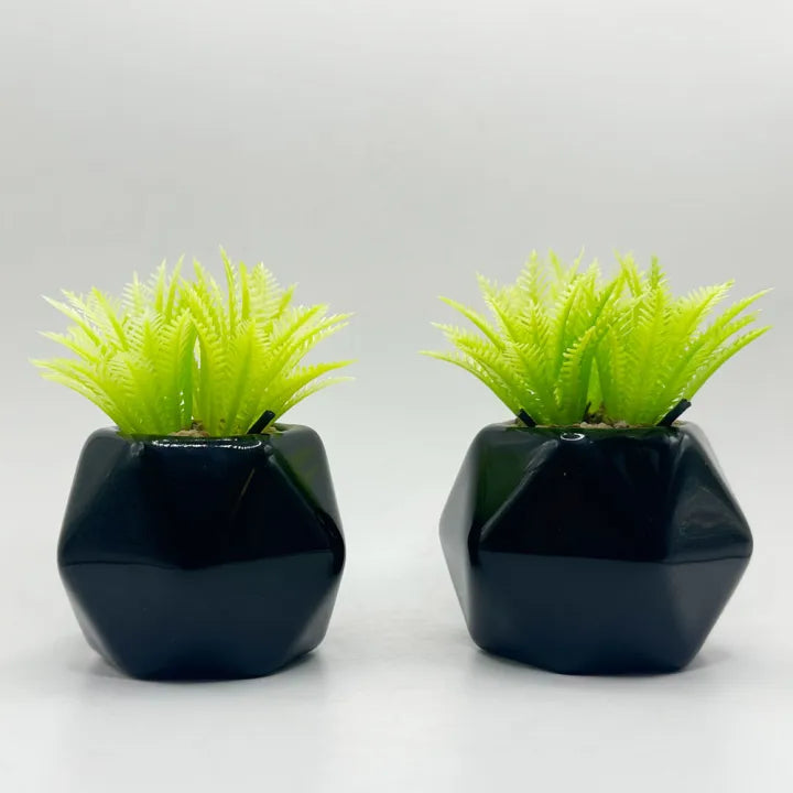 3D Black Diamond Ceramic Pot Set of 2 With Artificial Plant For Table Decor