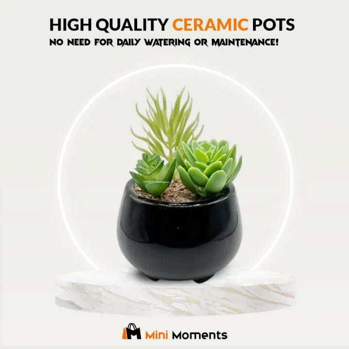 Black Ceramic Pot With Artificial Plant And Pebbles Home Decor