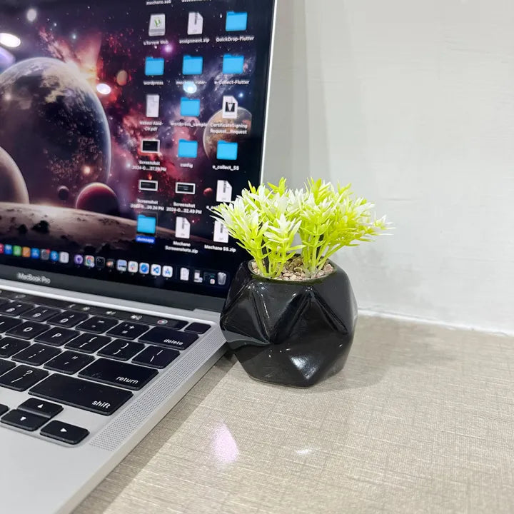 3D Black Diamond Ceramic Pot Set of 2 With Artificial Plant Shrubs For Table Decor