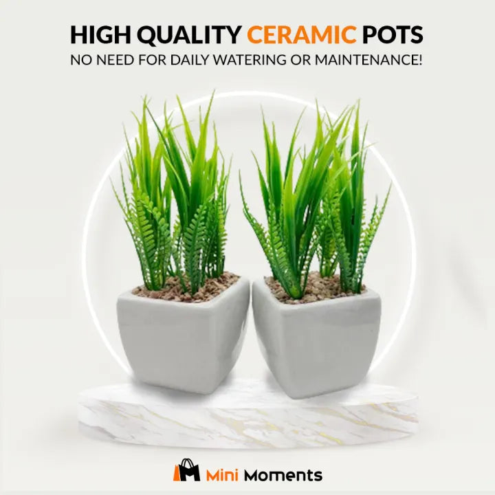 Bucket Style Ceramic Pot Set of 2 With Artificial Plant For Table Decor