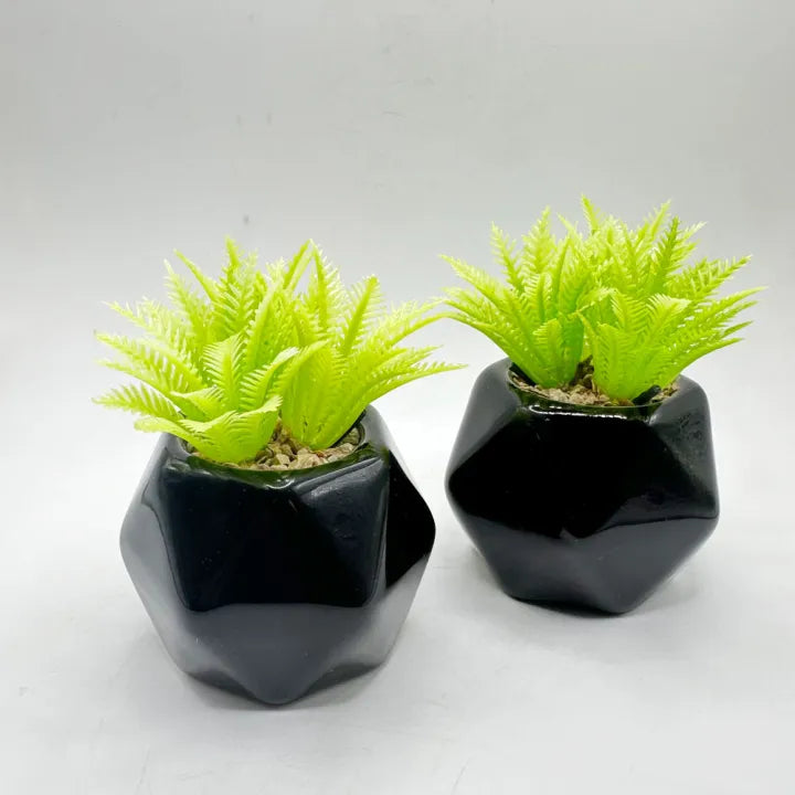 3D Black Diamond Ceramic Pot Set of 2 With Artificial Plant Shrubs For Table Decor