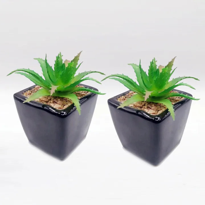 Bucket Style Black Ceramic Pot Set of 2 With Artificial Plant For Table Decor