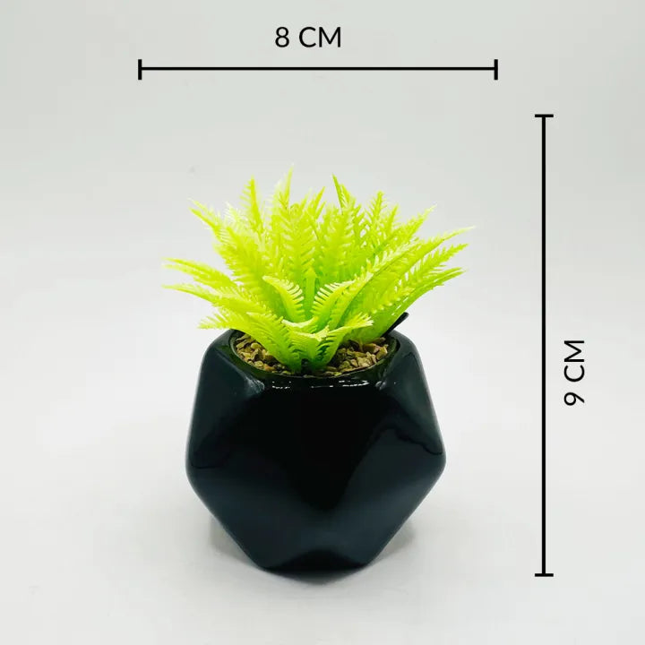 3D Black Diamond Ceramic Pot Set of 2 With Artificial Plant Shrubs For Table Decor